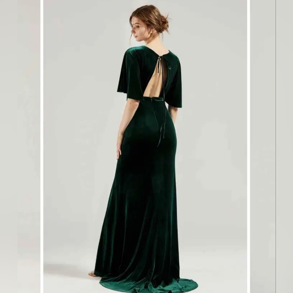 Renzrags Size 4 Dark Green Velvet Maxi Dress With Train
